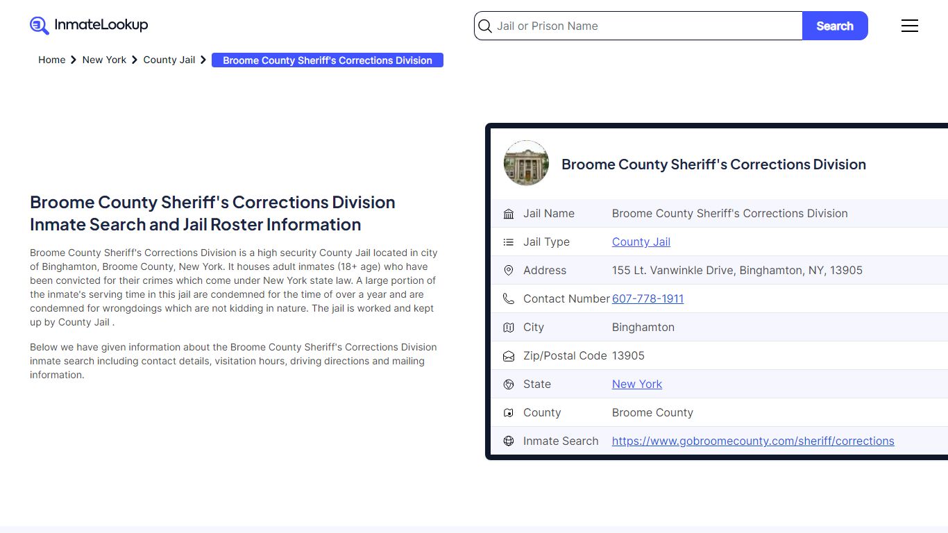 Broome County Sheriff's Corrections Division Inmate Search, Jail Roster ...